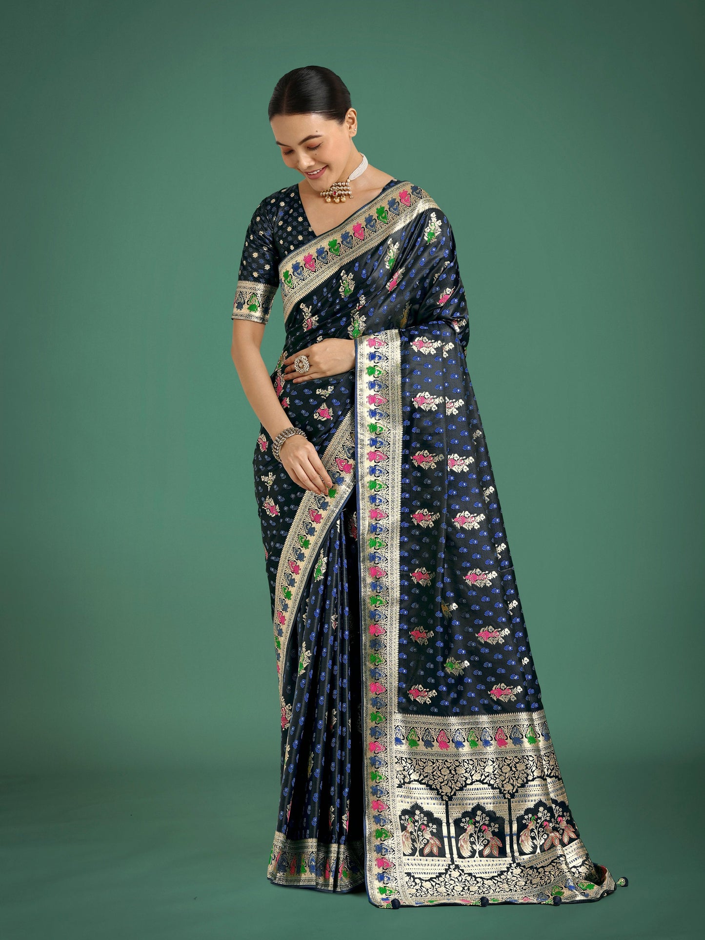 Monjolika Fashion Dark blue With Gold Bordar Banarasi Zari Woven Satin Saree | Swadesiicart