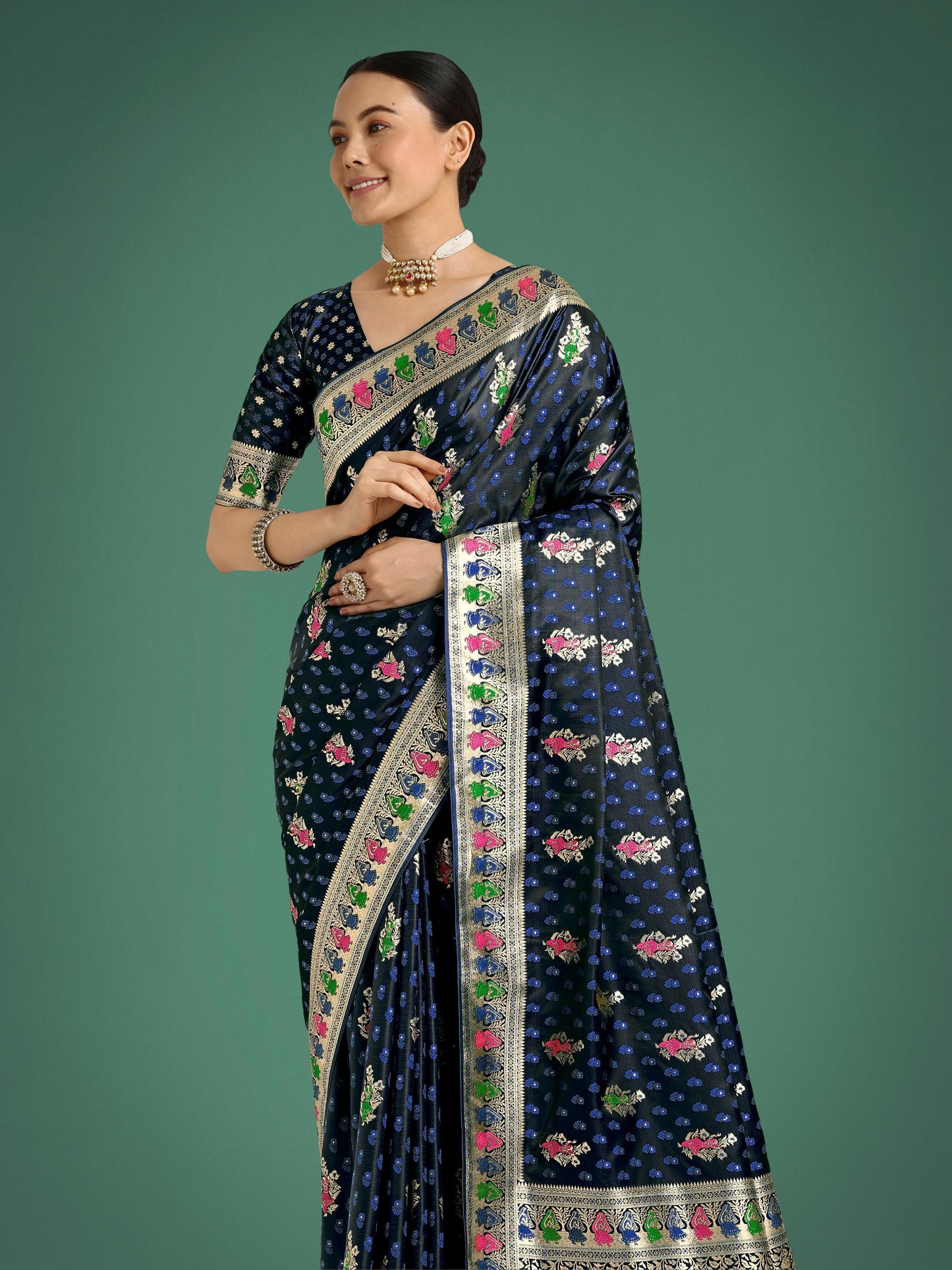 Monjolika Fashion Dark blue With Gold Bordar Banarasi Zari Woven Satin Saree | Swadesiicart