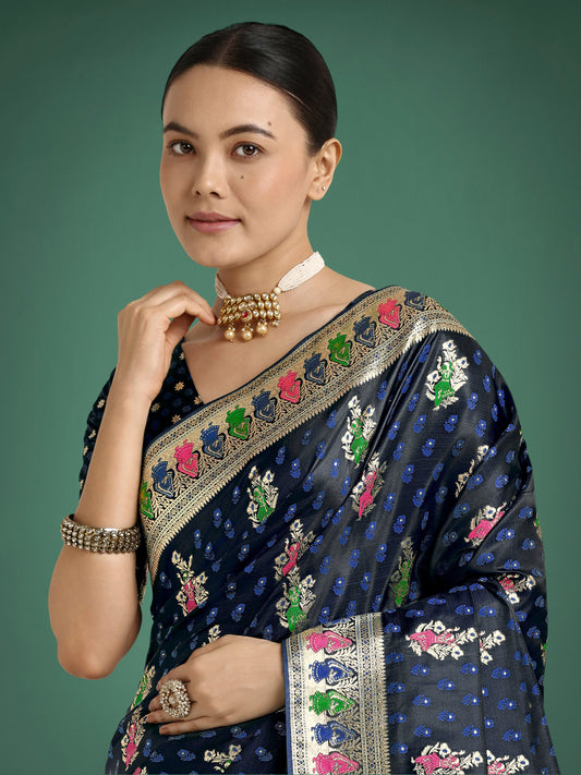 Monjolika Fashion Dark blue With Gold Bordar Banarasi Zari Woven Satin Saree | Swadesiicart
