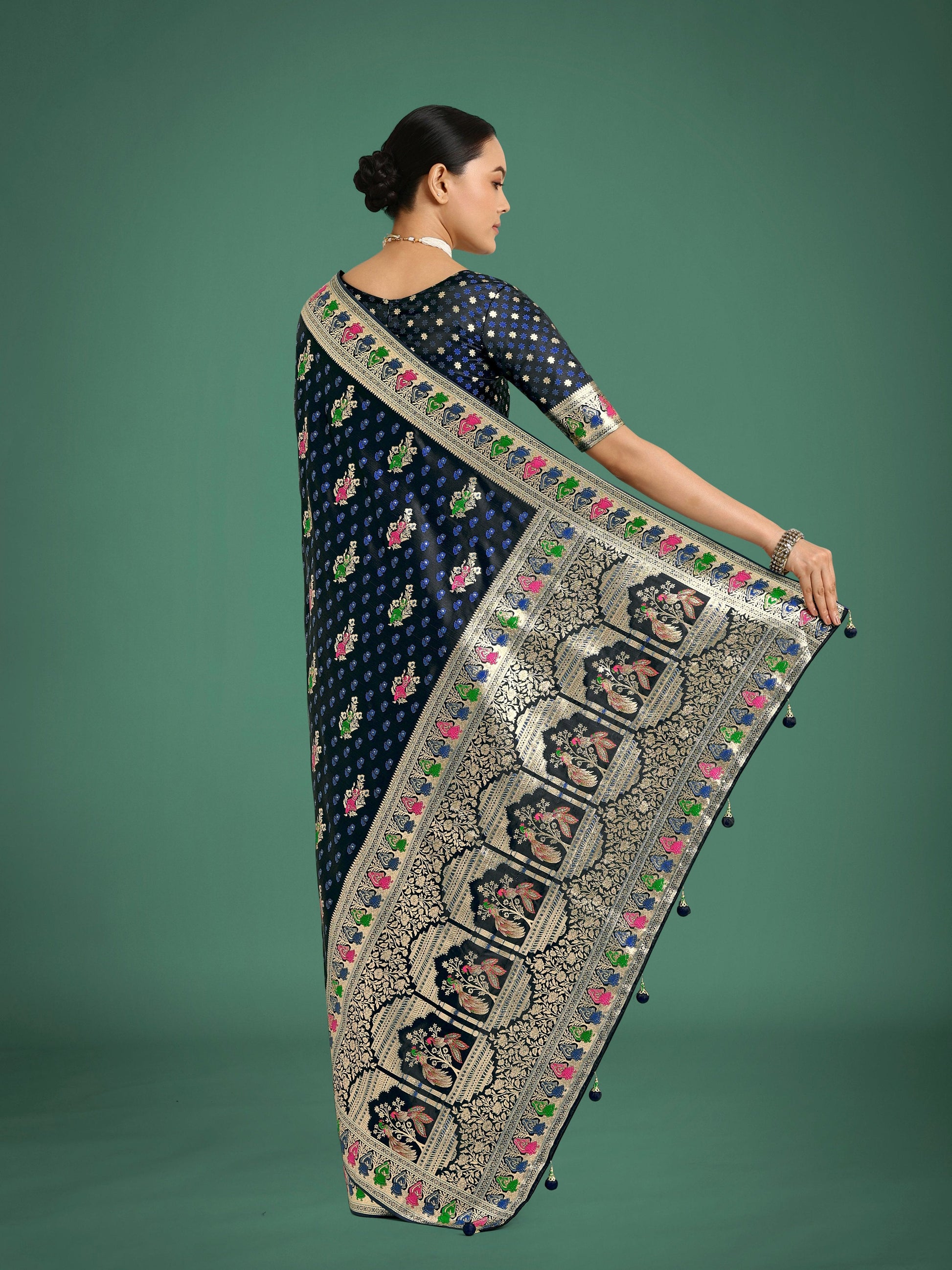 Monjolika Fashion Dark blue With Gold Bordar Banarasi Zari Woven Satin Saree | Swadesiicart