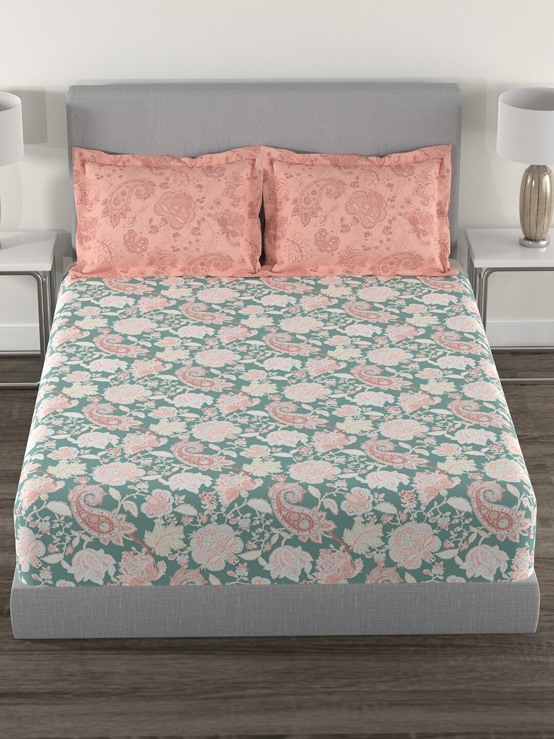 MYTRIDENT Green White Ethnic Motifs Cotton 144 TC Queen Bedsheet With 2 Pillow Covers - Swadesiicart