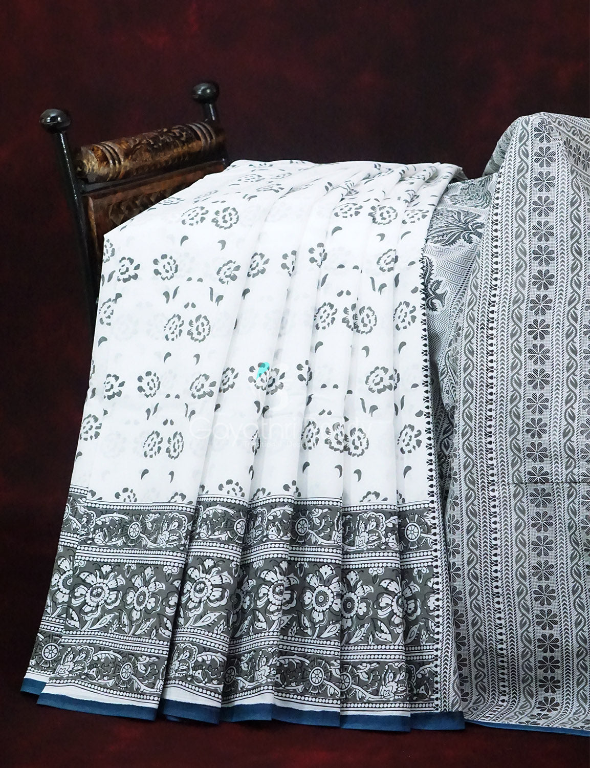 Mix of White and Grey Block Print Mulmul Cotton Saree By Gayathri Reddy Designer Studio | Swadesiicart