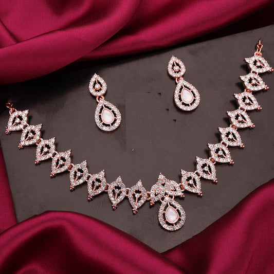 Tehzeeb Creations Baby Pink Colour Ad Studded Necklace Jewellery Set With Matching Earrings For Women And Girls - Swadesiicart