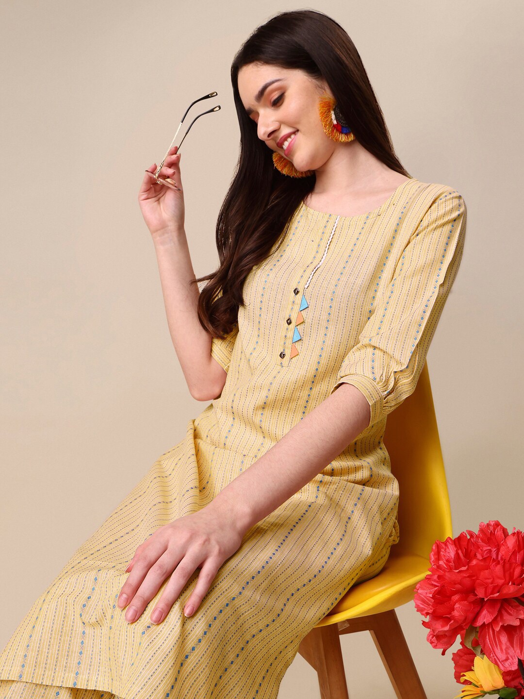 Kalini Women Woven Striped Thread Work Kurta with Trousers - Swadesiicart