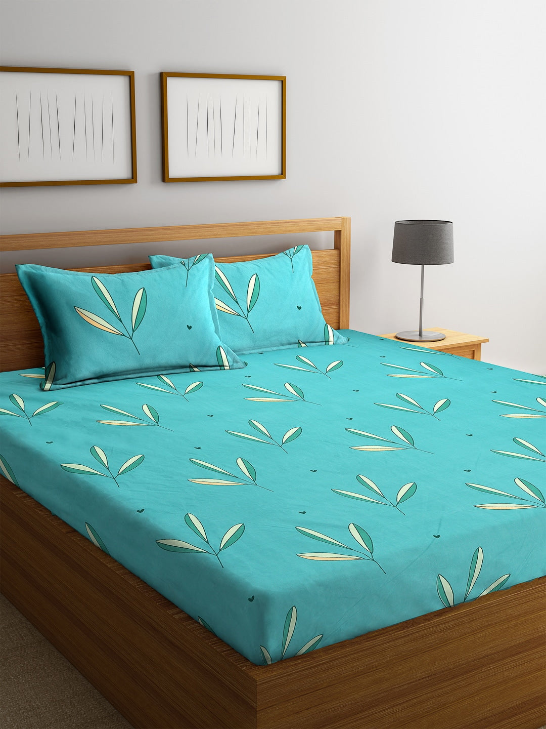 Home Sizzler Turquoise Blue & White Floral 144 TC Polyester 1 Queen Bedsheet with 2 Pillow Covers - Swadesiicart
