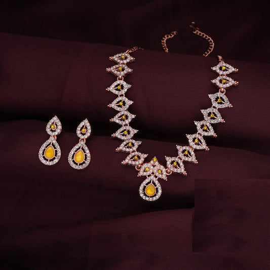 Tehzeeb Creations Yellow Colour Ad Studded Necklace Jewellery Set With Matching Earrings For Women And Girls - Swadesiicart