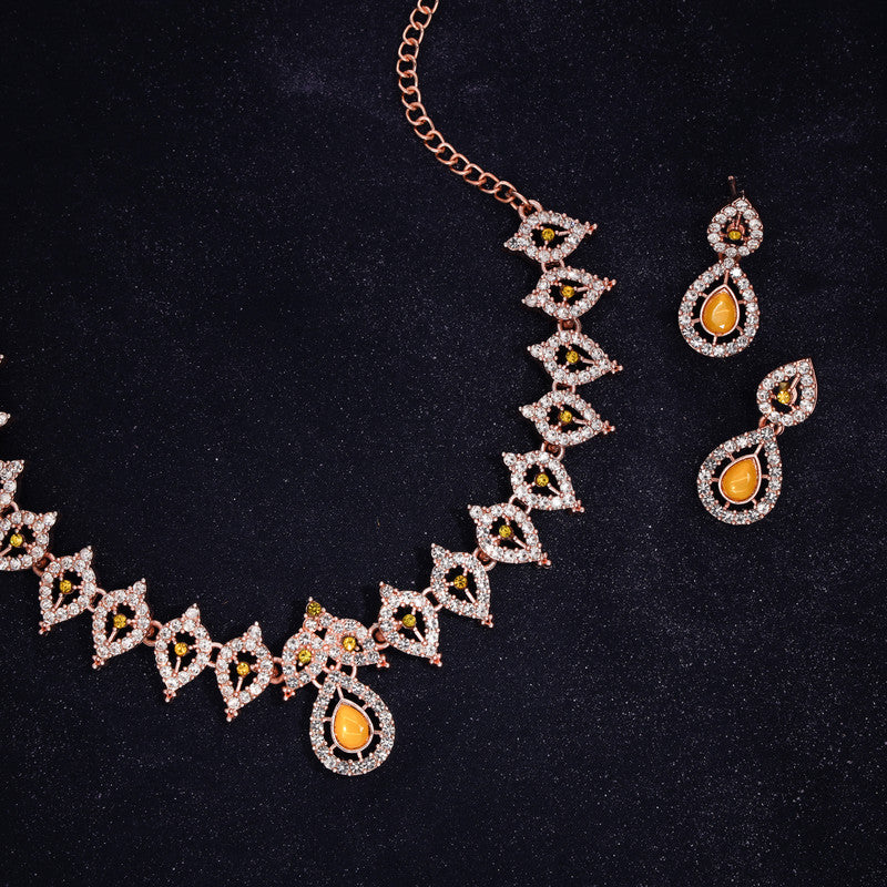 Tehzeeb Creations Yellow Colour Ad Studded Necklace Jewellery Set With Matching Earrings For Women And Girls - Swadesiicart