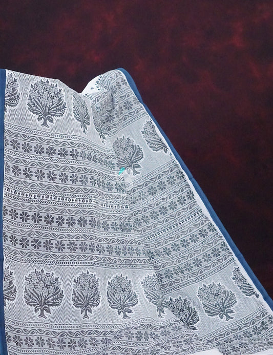 Mix of White and Grey Block Print Mulmul Cotton Saree By Gayathri Reddy Designer Studio | Swadesiicart