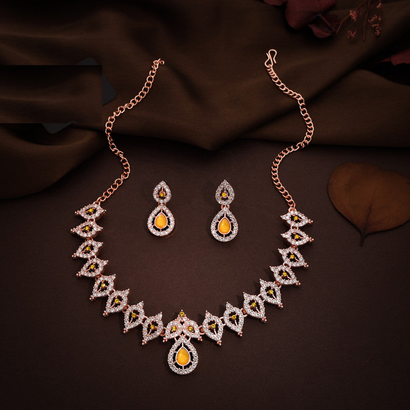 Tehzeeb Creations Yellow Colour Ad Studded Necklace Jewellery Set With Matching Earrings For Women And Girls - Swadesiicart