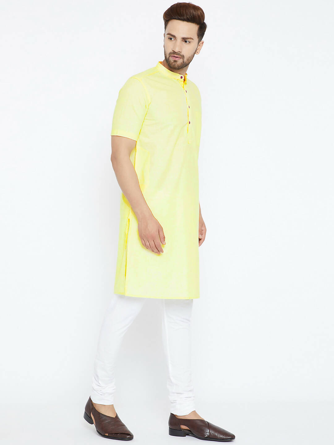 Even Apparels Yellow Color Pure Cotton Men's Kurta With Band Collar | Swadesiicart