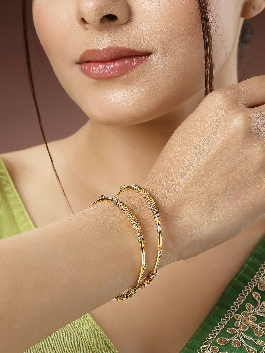 NVR Women's Set of 2 Gold-Polished Handcrafted Traditional Bangles - Swadesiicart
