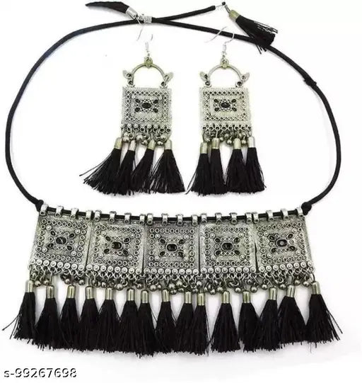 Tehzeeb Creations Women's Silver Colour Oxidised Necklace And Earrings With Black Yarn Design - Swadesiicart