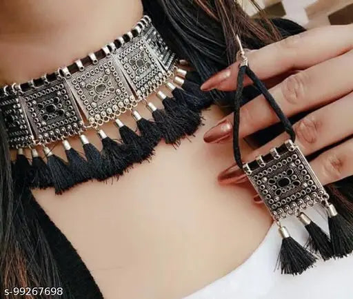 Tehzeeb Creations Women's Silver Colour Oxidised Necklace And Earrings With Black Yarn Design - Swadesiicart