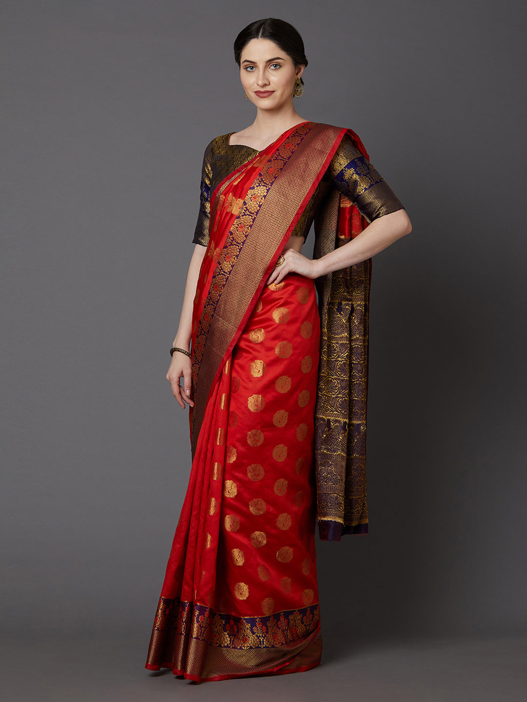 Mitera Red & Gold-Coloured Silk Blend Woven Design Banarasi Saree | Swadesiicart