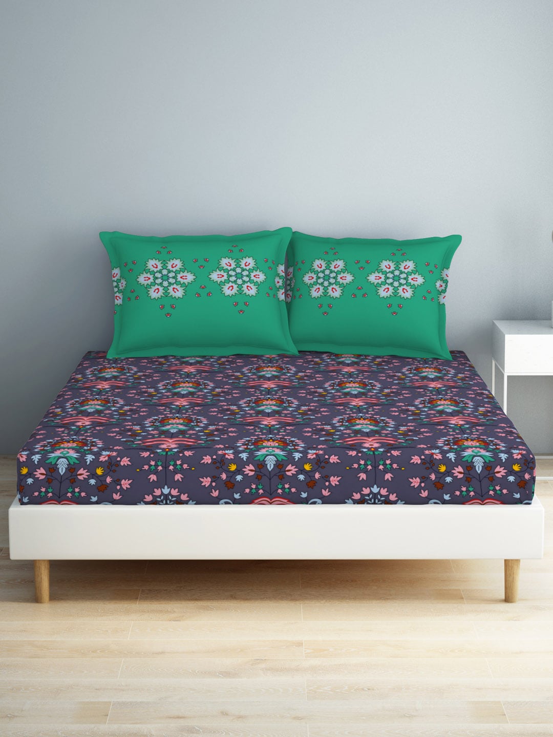 SPACES Aurum Blue Ethnic Motifs Pure Cotton140 TC Queen Bedsheet with 2 Pillow Covers - Swadesiicart