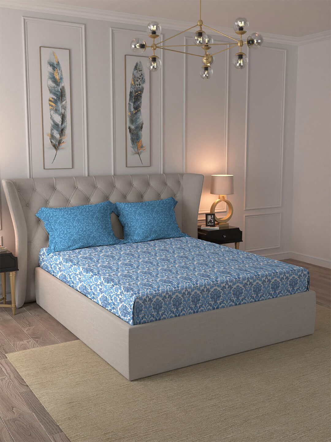 MYTRIDENT Blue White Ethnic Motifs Pure Cotton 120 TC Queen Bedsheet With 2 Pillow Covers - Swadesiicart