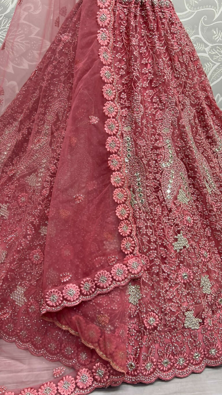 Jyoti Fashion Women's Pink Bridal Net Fancy Dori, Multi Thread, Hand Mirror and Diamond Work Wedding Lehenga Choli | Swadesiicart