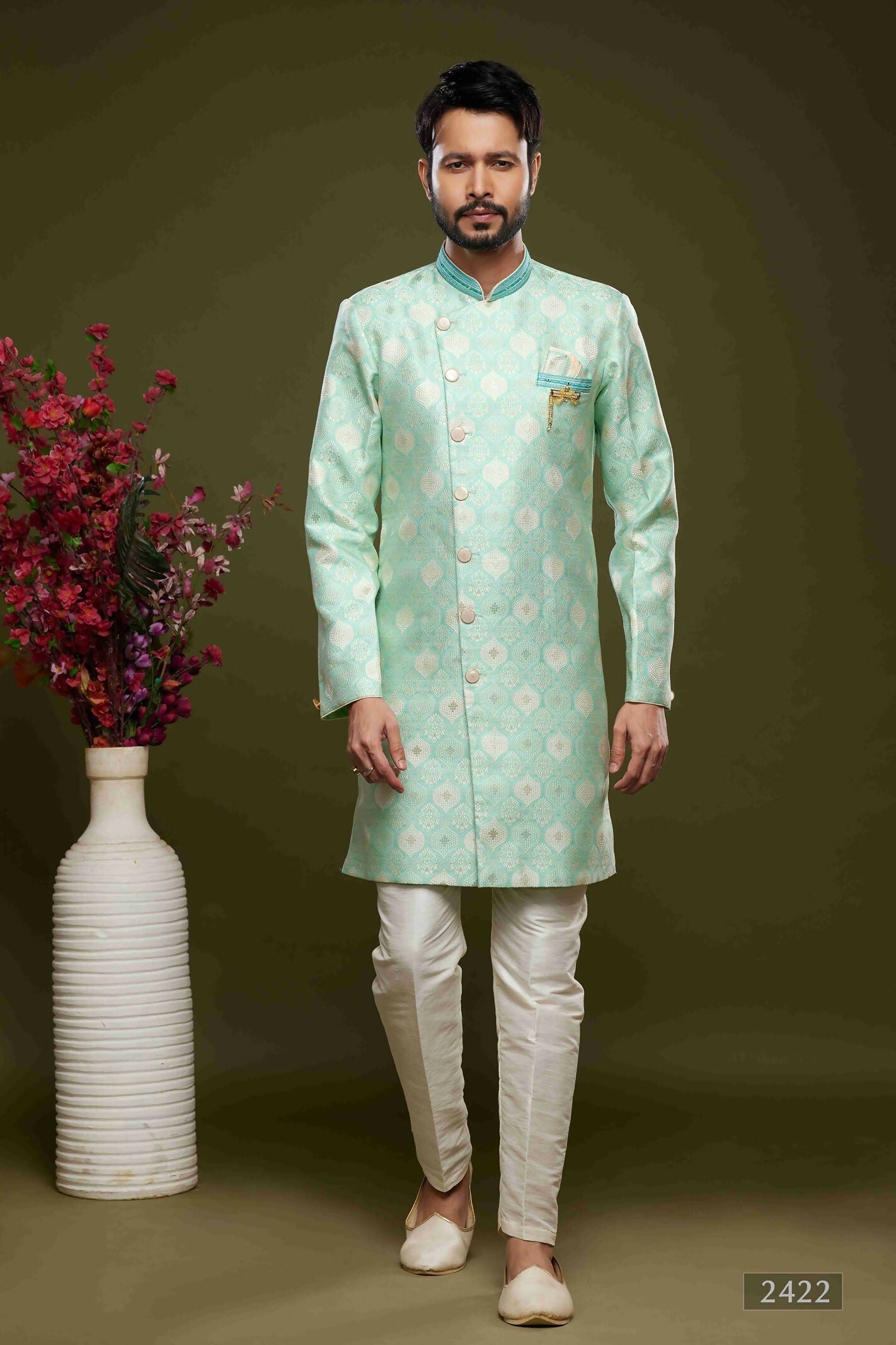 Raivat Ethnic Banarasi Jacquard Embroidery Semi Indo Western Sherwani In Pista Green Colour | Swadesiicart