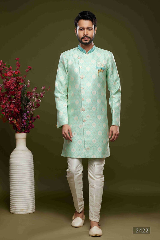 Raivat Ethnic Banarasi Jacquard Embroidery Semi Indo Western Sherwani In Pista Green Colour | Swadesiicart