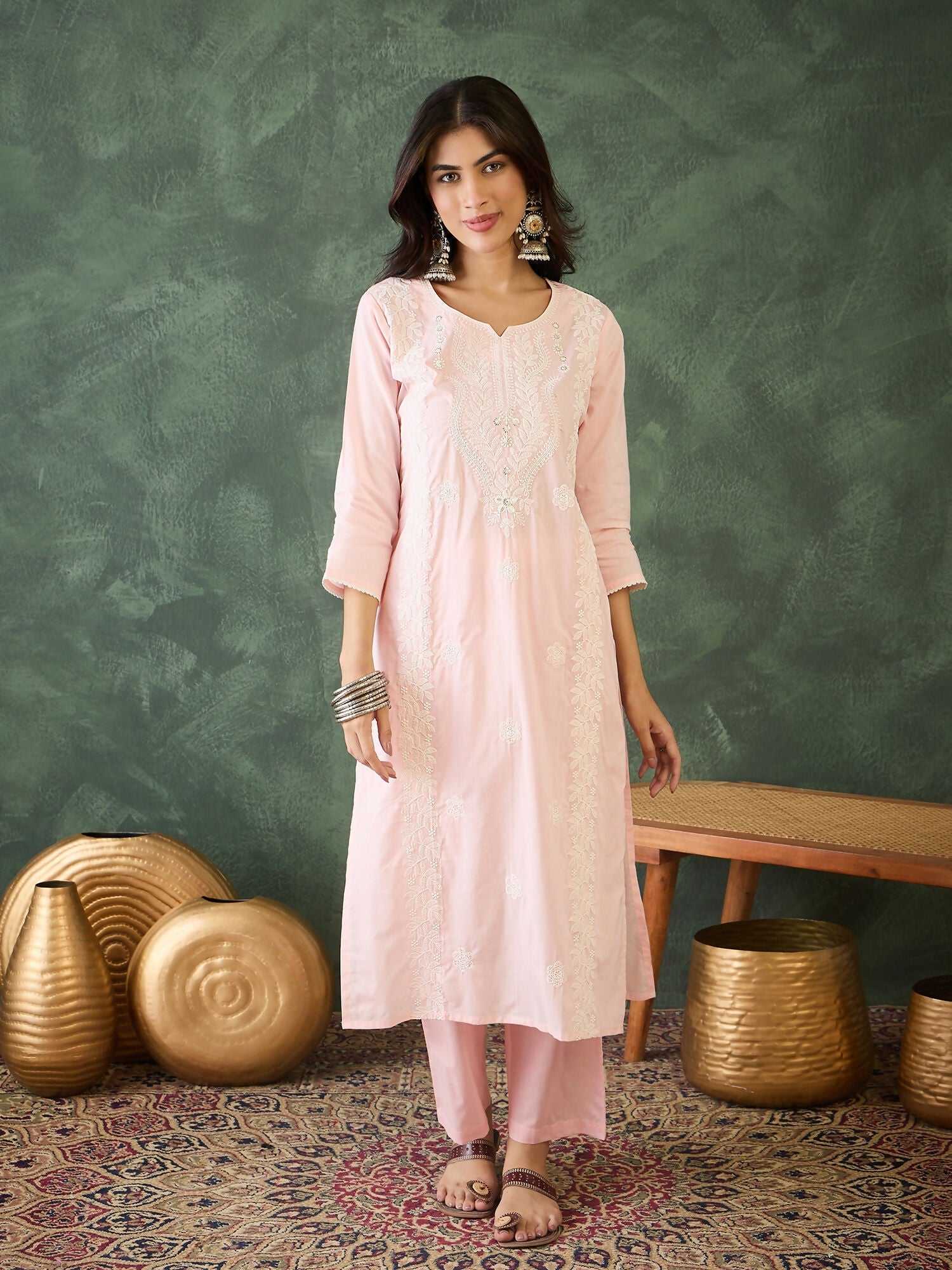The52 Baby pink Women's Gorgeous Cotton Blend Fabric Thread Work Straight Kurta, Pant and Dupatta Set - Swadesiicart