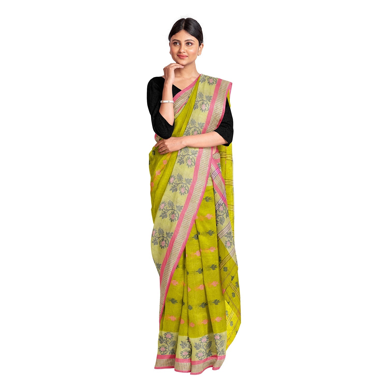 Exclusive Collection 100% Pure Cotton Olive Tant Saree With Hand Weaving Work - Swadesiicart