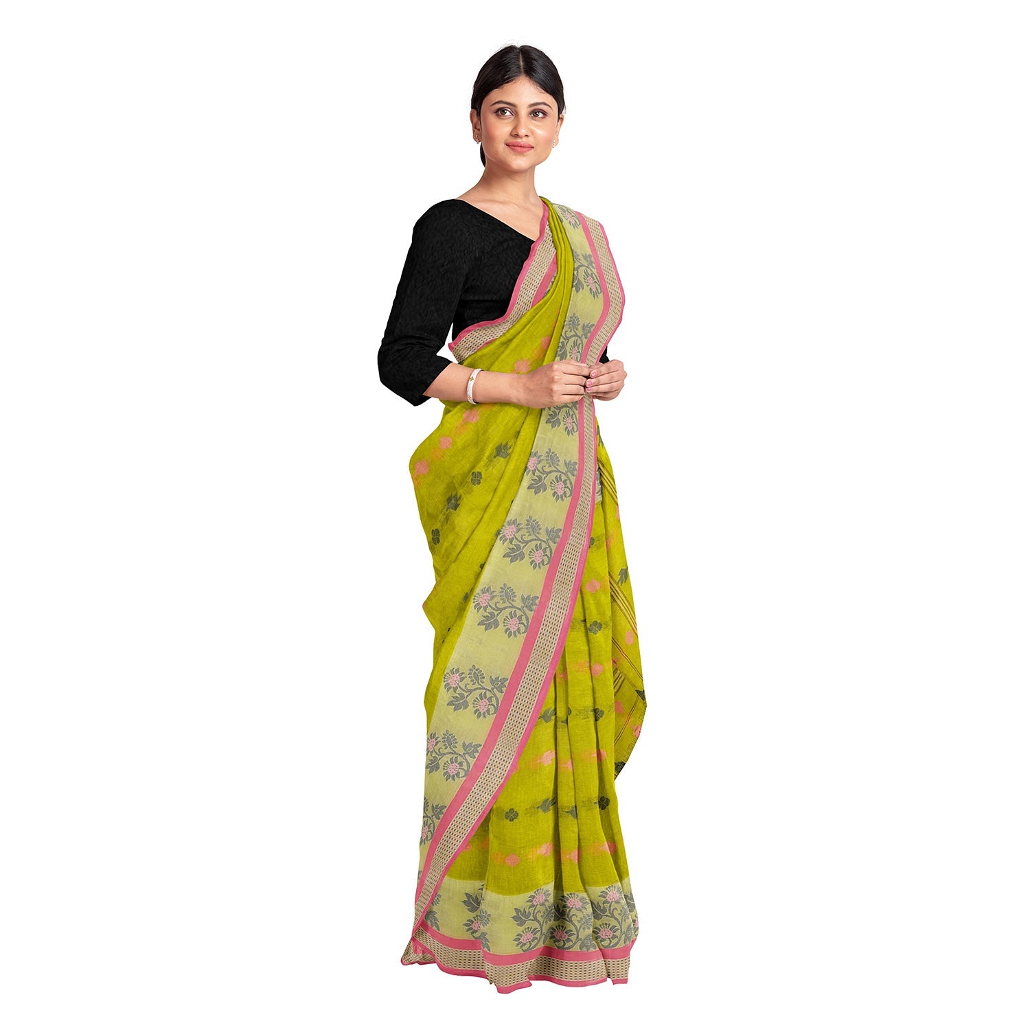 Exclusive Collection 100% Pure Cotton Olive Tant Saree With Hand Weaving Work - Swadesiicart