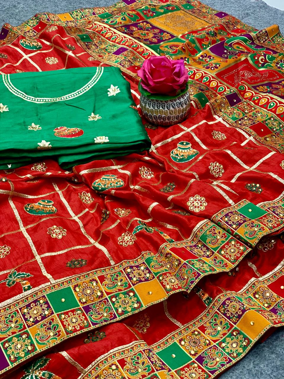 Lorenvalley Fashion Premium Red Dola Silk Embroidery and Diamond work with Jacquard Lace Border Saree - Swadesiicart