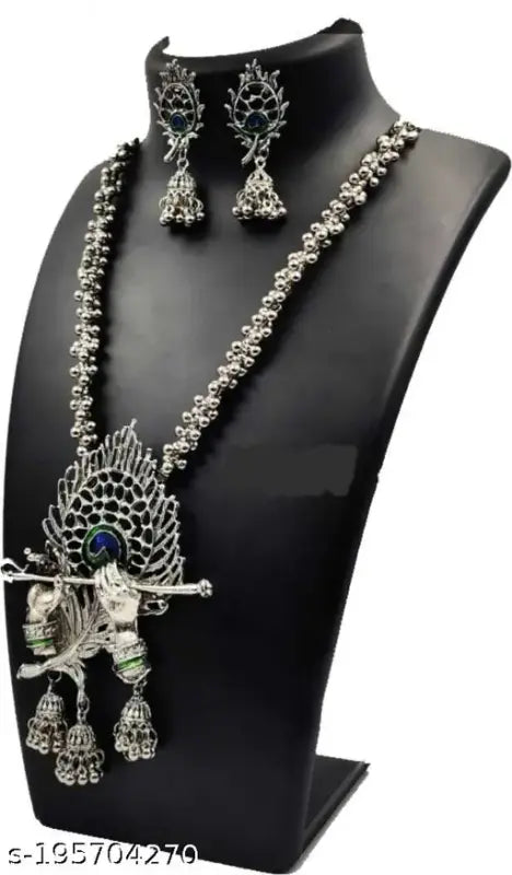 Tehzeeb Creations Women's Silver Colour Oxidised Necklace And Earring Bansuri Design - Swadesiicart