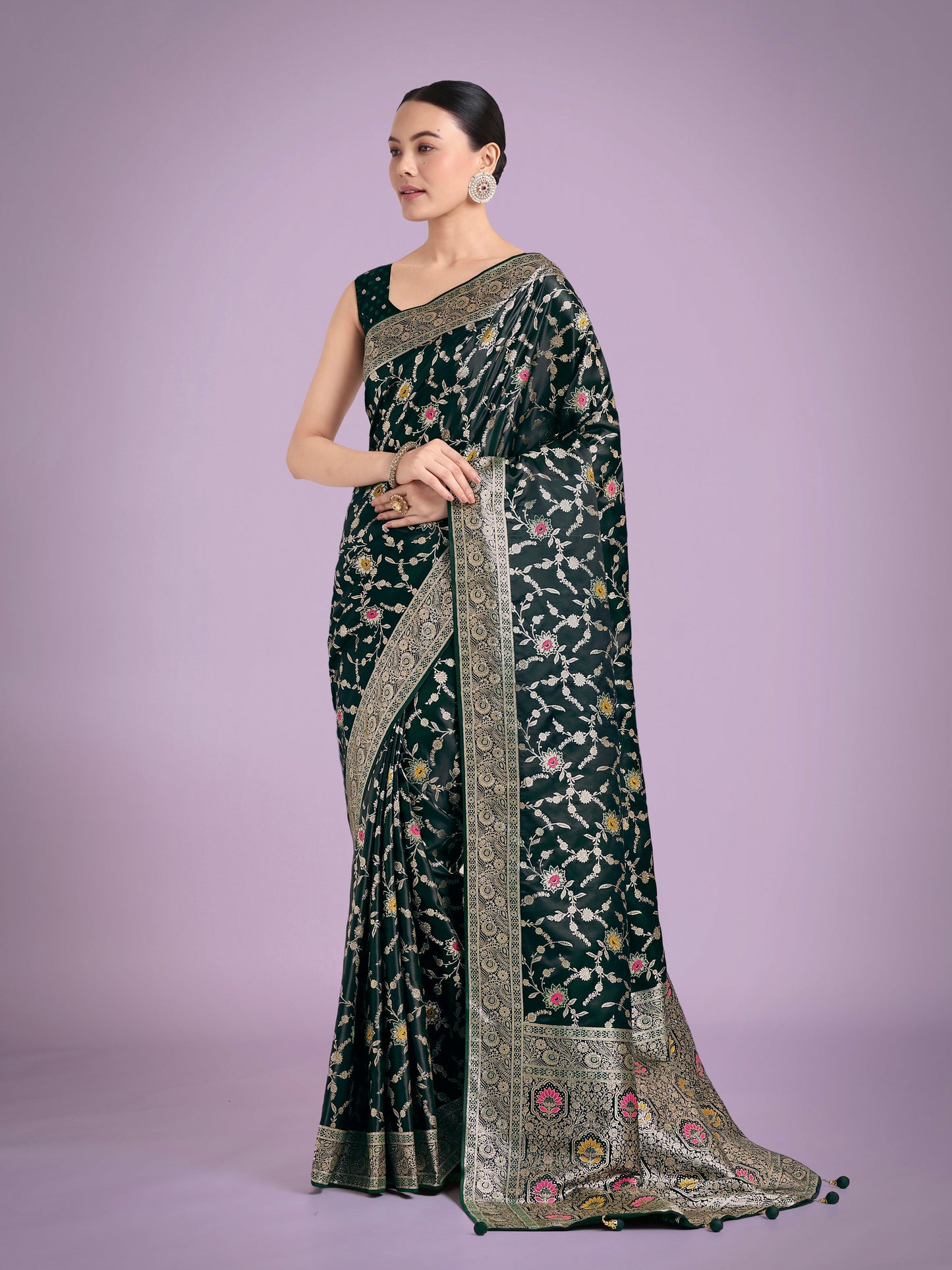Monjolika Fashion Dark Green Zari Woven Banarasi Classic Satin Silk Saree | Swadesiicart