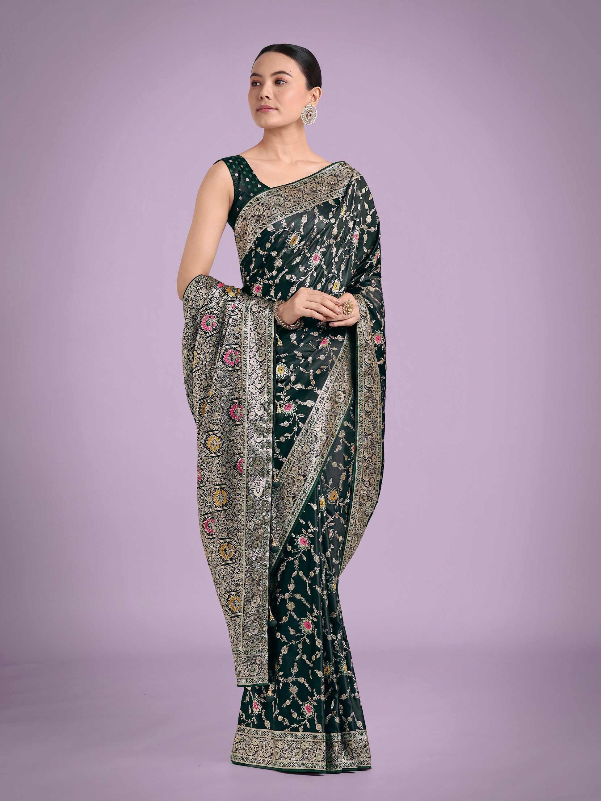 Monjolika Fashion Dark Green Zari Woven Banarasi Classic Satin Silk Saree | Swadesiicart