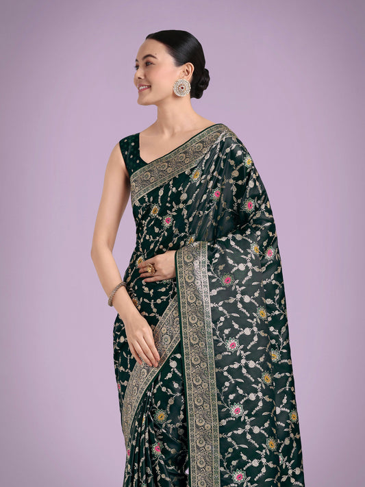 Monjolika Fashion Dark Green Zari Woven Banarasi Classic Satin Silk Saree | Swadesiicart