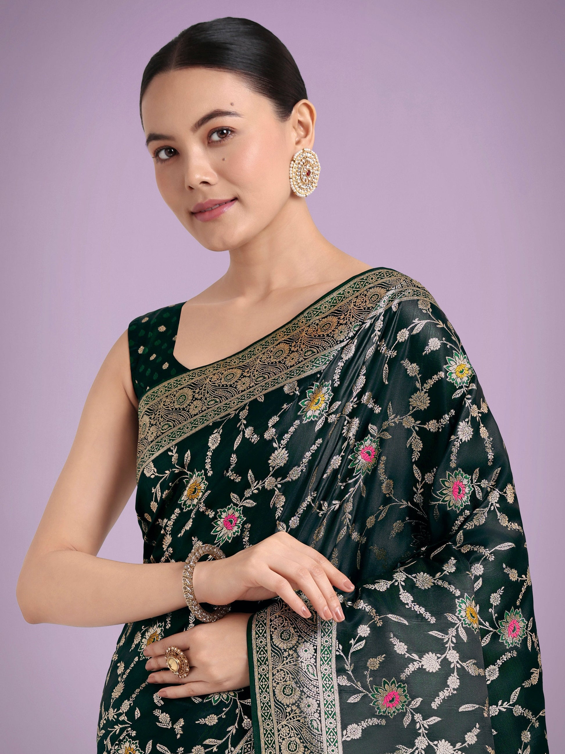 Monjolika Fashion Dark Green Zari Woven Banarasi Classic Satin Silk Saree | Swadesiicart