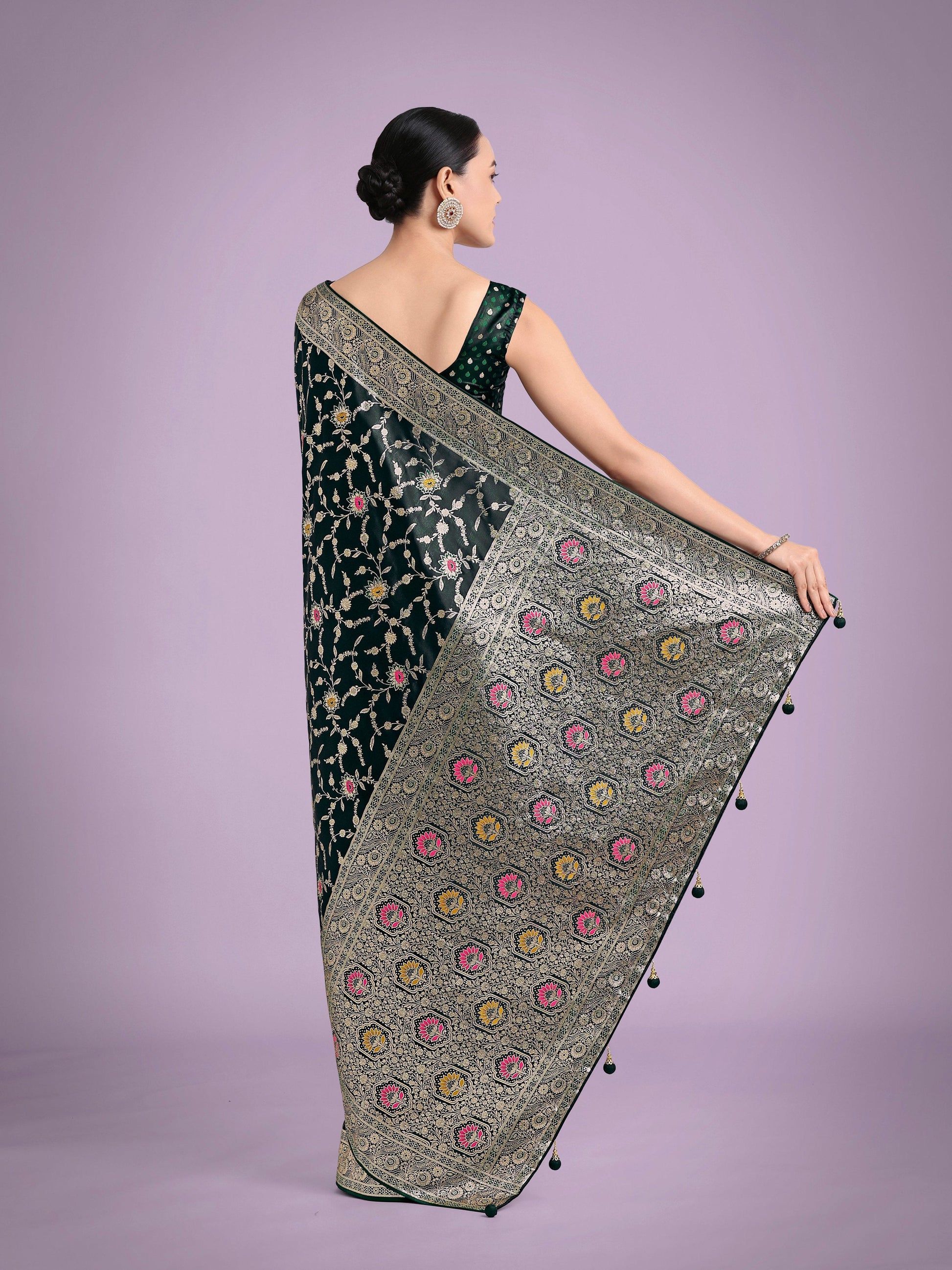 Monjolika Fashion Dark Green Zari Woven Banarasi Classic Satin Silk Saree | Swadesiicart