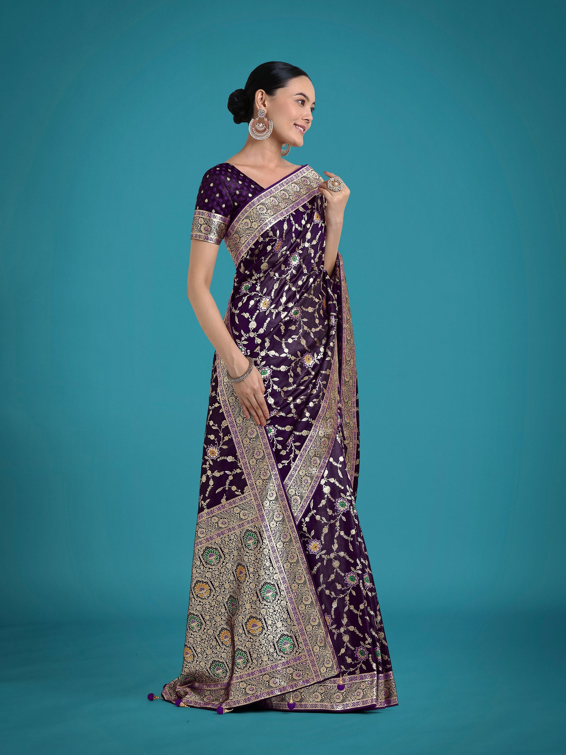 Monjolika Fashion Dark Purple Zari Woven Banarasi Classic Satin Silk Saree | Swadesiicart
