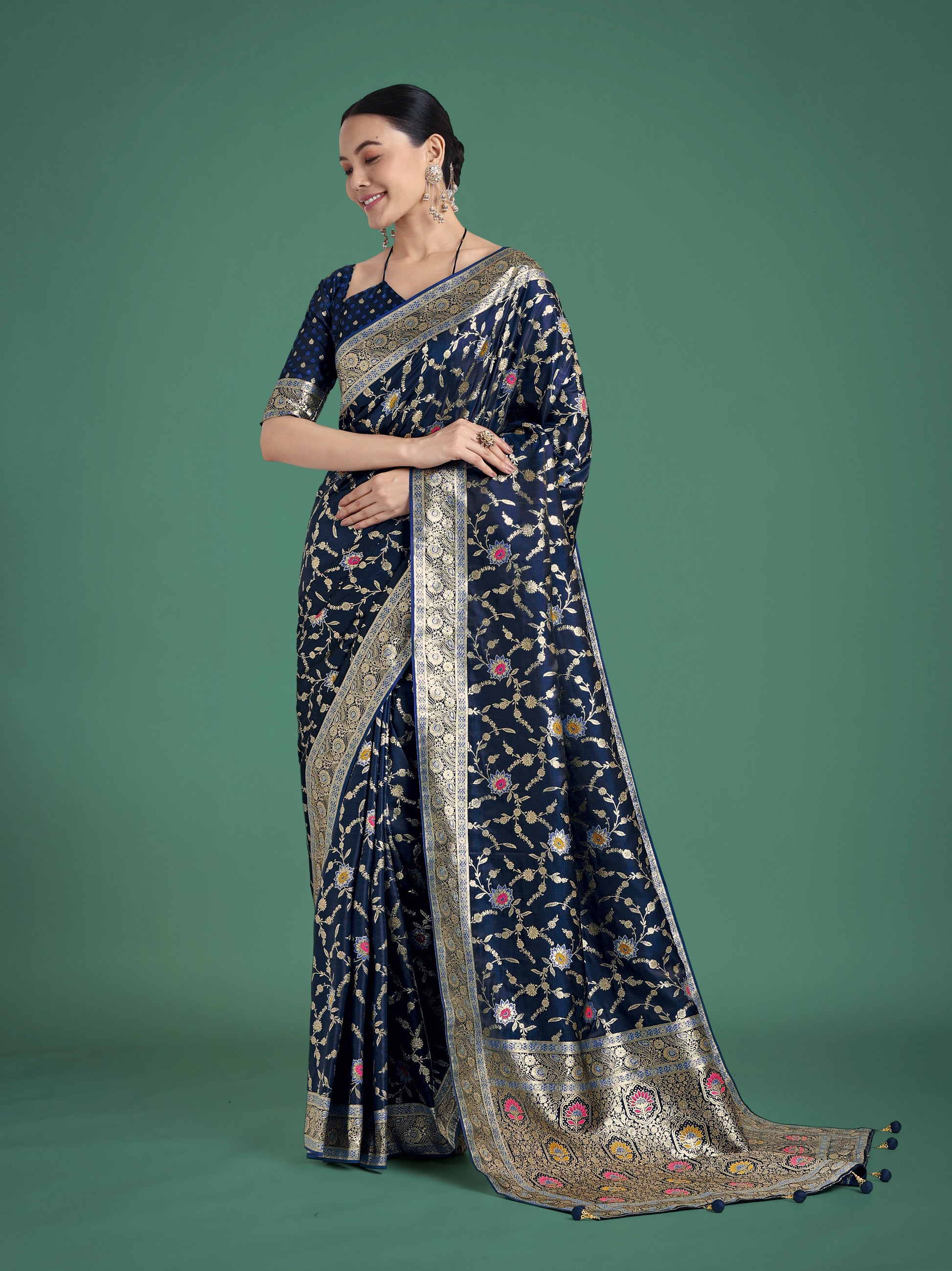 Monjolika Fashion Dark Blue Zari Woven Banarasi Classic Satin Silk Saree | Swadesiicart