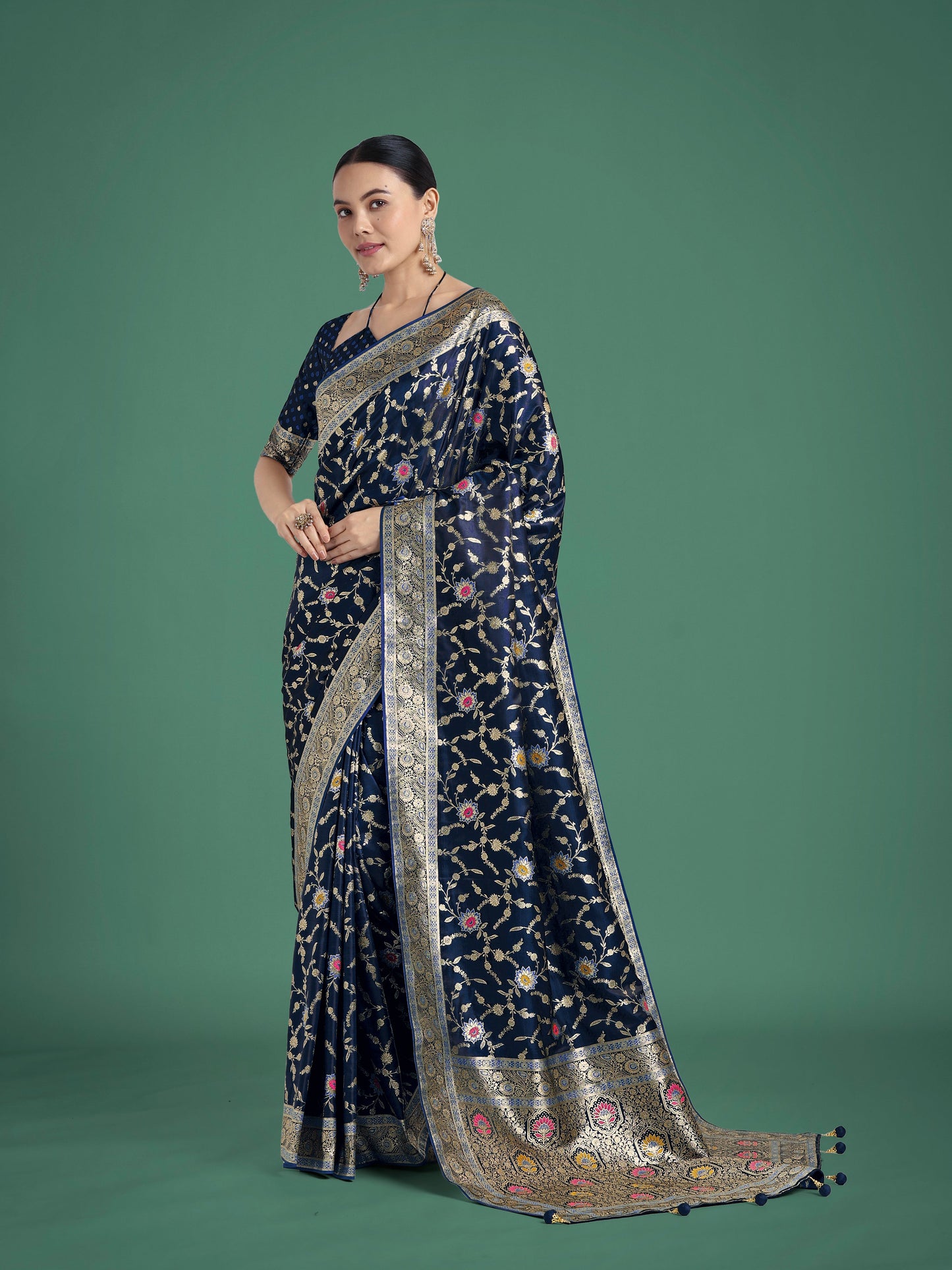 Monjolika Fashion Dark Blue Zari Woven Banarasi Classic Satin Silk Saree | Swadesiicart