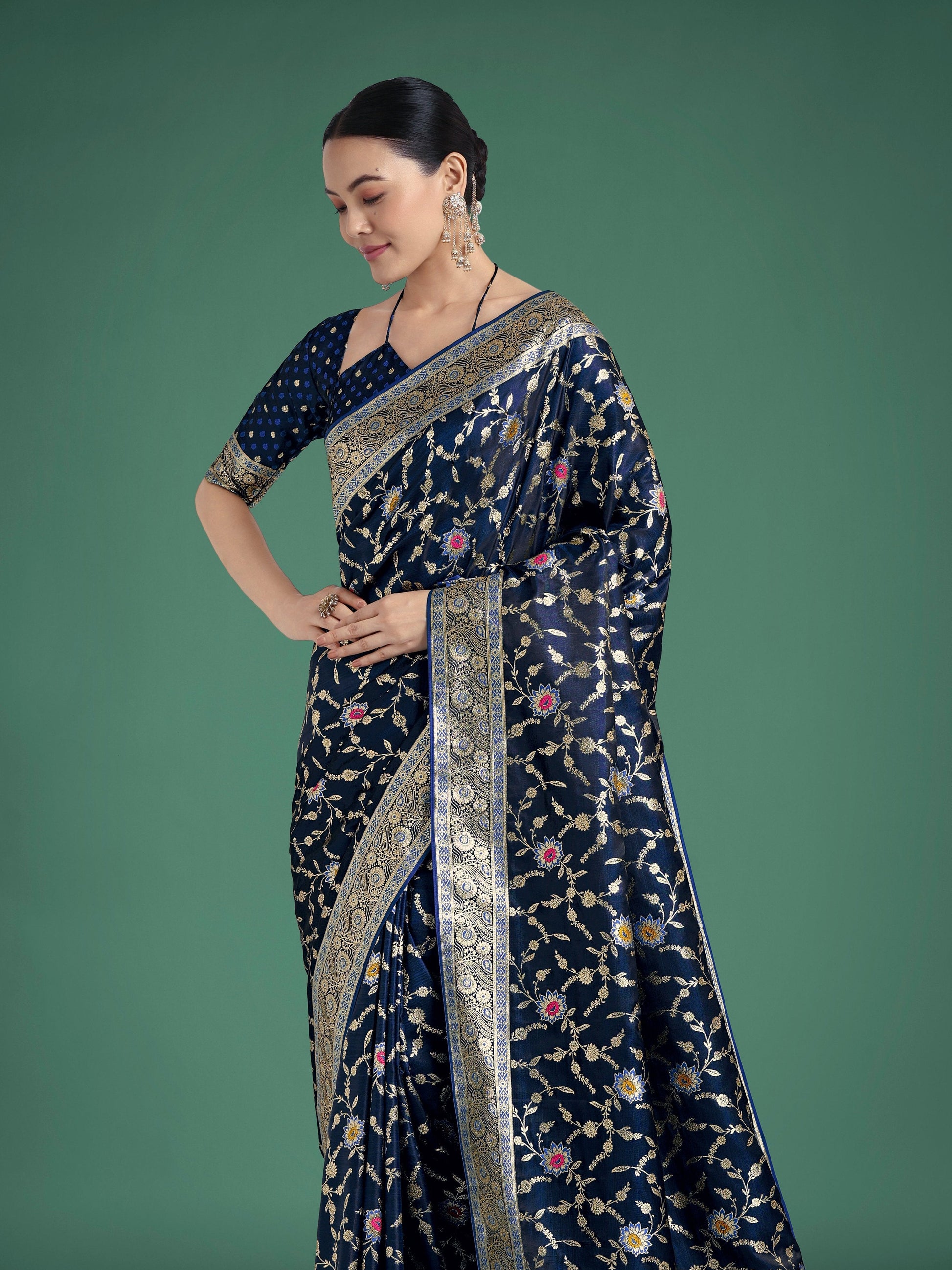 Monjolika Fashion Dark Blue Zari Woven Banarasi Classic Satin Silk Saree | Swadesiicart