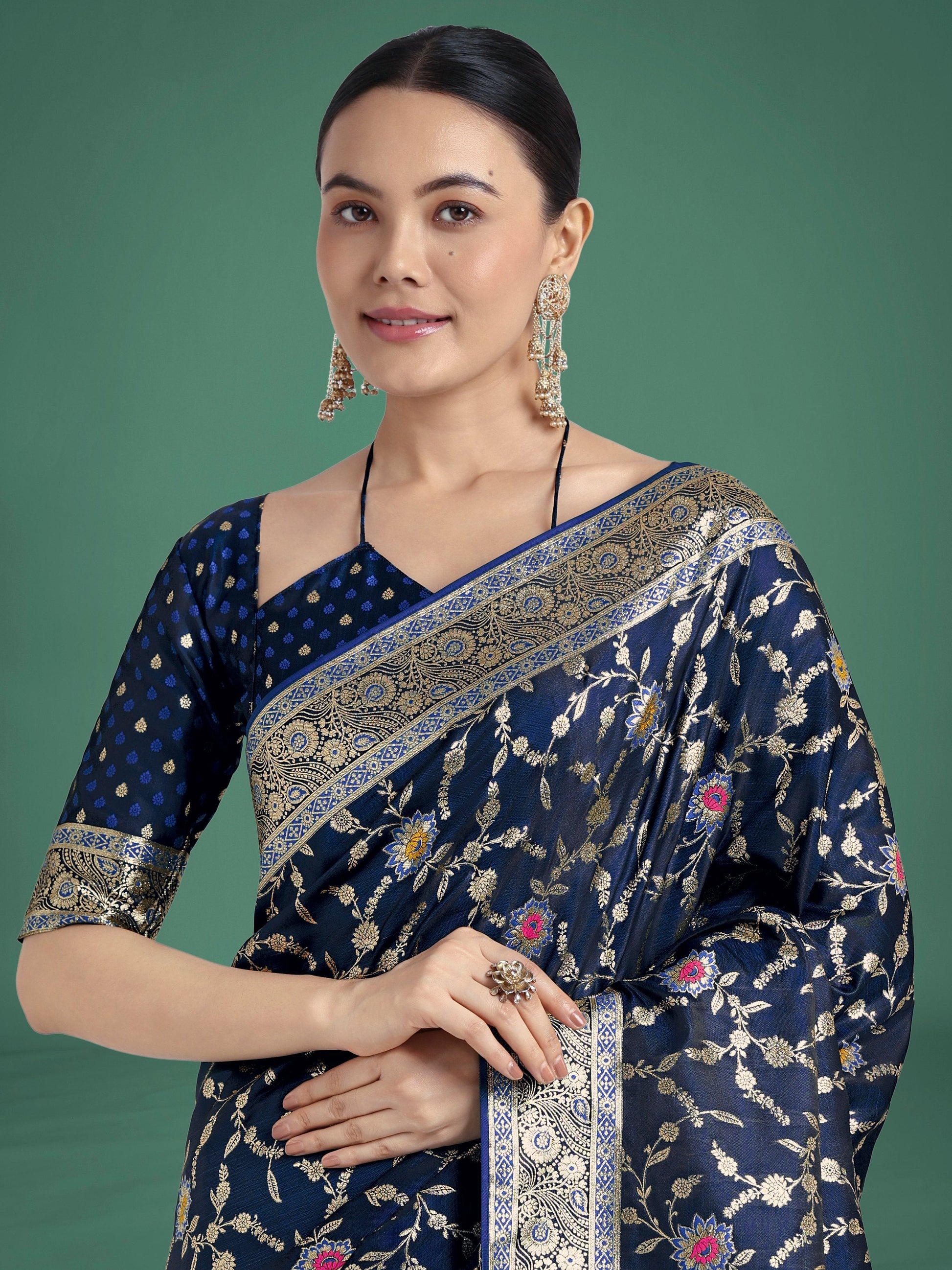Monjolika Fashion Dark Blue Zari Woven Banarasi Classic Satin Silk Saree | Swadesiicart