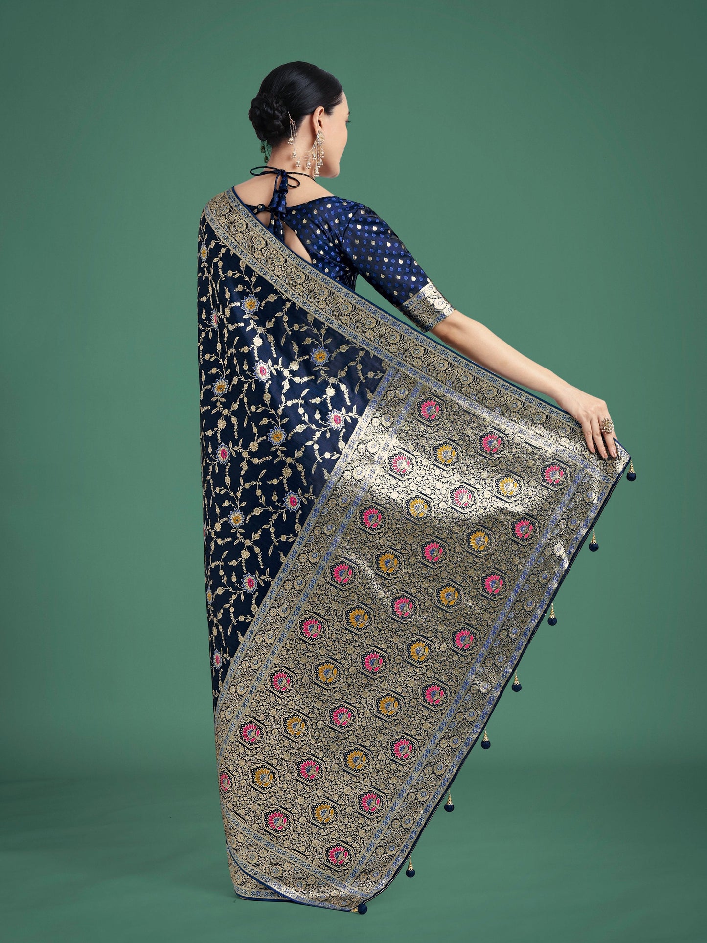 Monjolika Fashion Dark Blue Zari Woven Banarasi Classic Satin Silk Saree | Swadesiicart