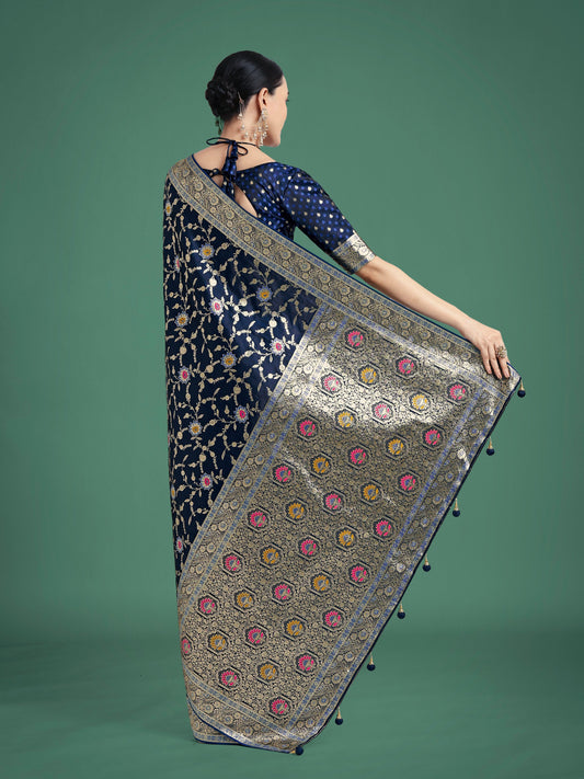 Monjolika Fashion Dark Blue Zari Woven Banarasi Classic Satin Silk Saree | Swadesiicart