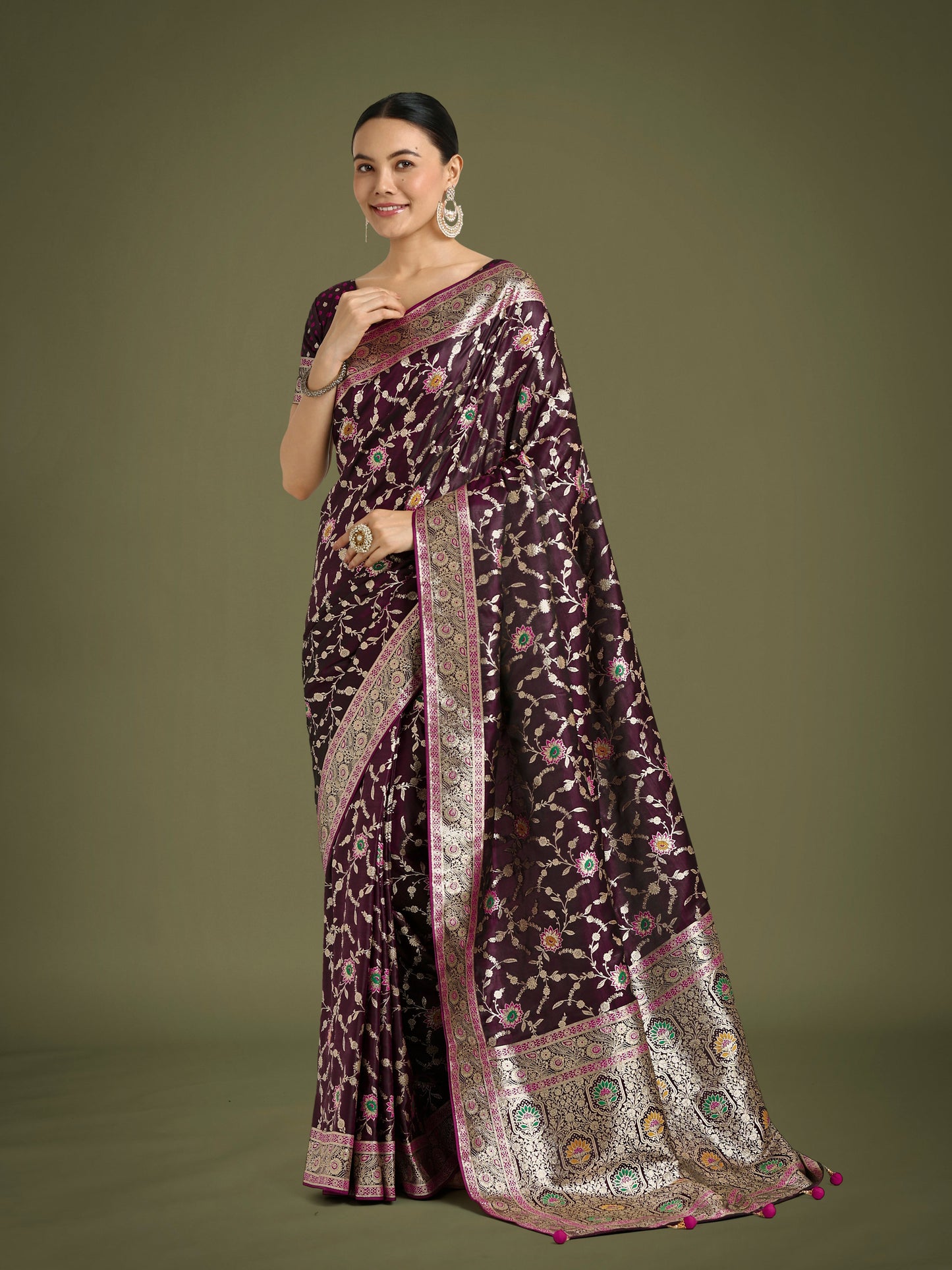 Monjolika Fashion Wine Zari Woven Banarasi Classic Satin Silk Saree | Swadesiicart