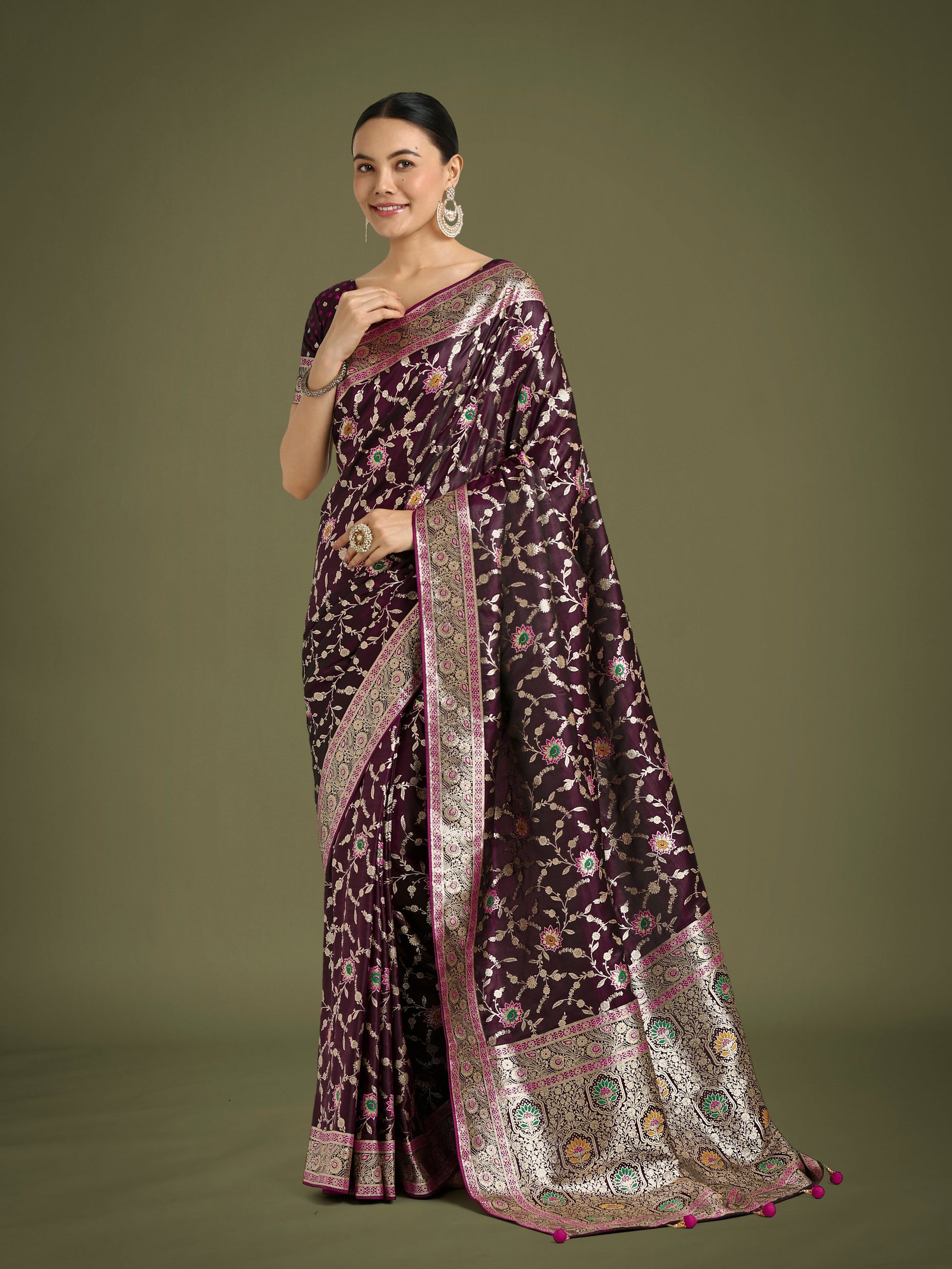 Monjolika Fashion Wine Zari Woven Banarasi Classic Satin Silk Saree | Swadesiicart