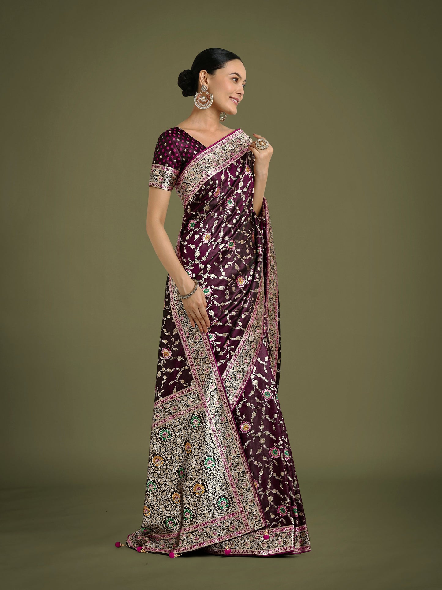 Monjolika Fashion Wine Zari Woven Banarasi Classic Satin Silk Saree | Swadesiicart