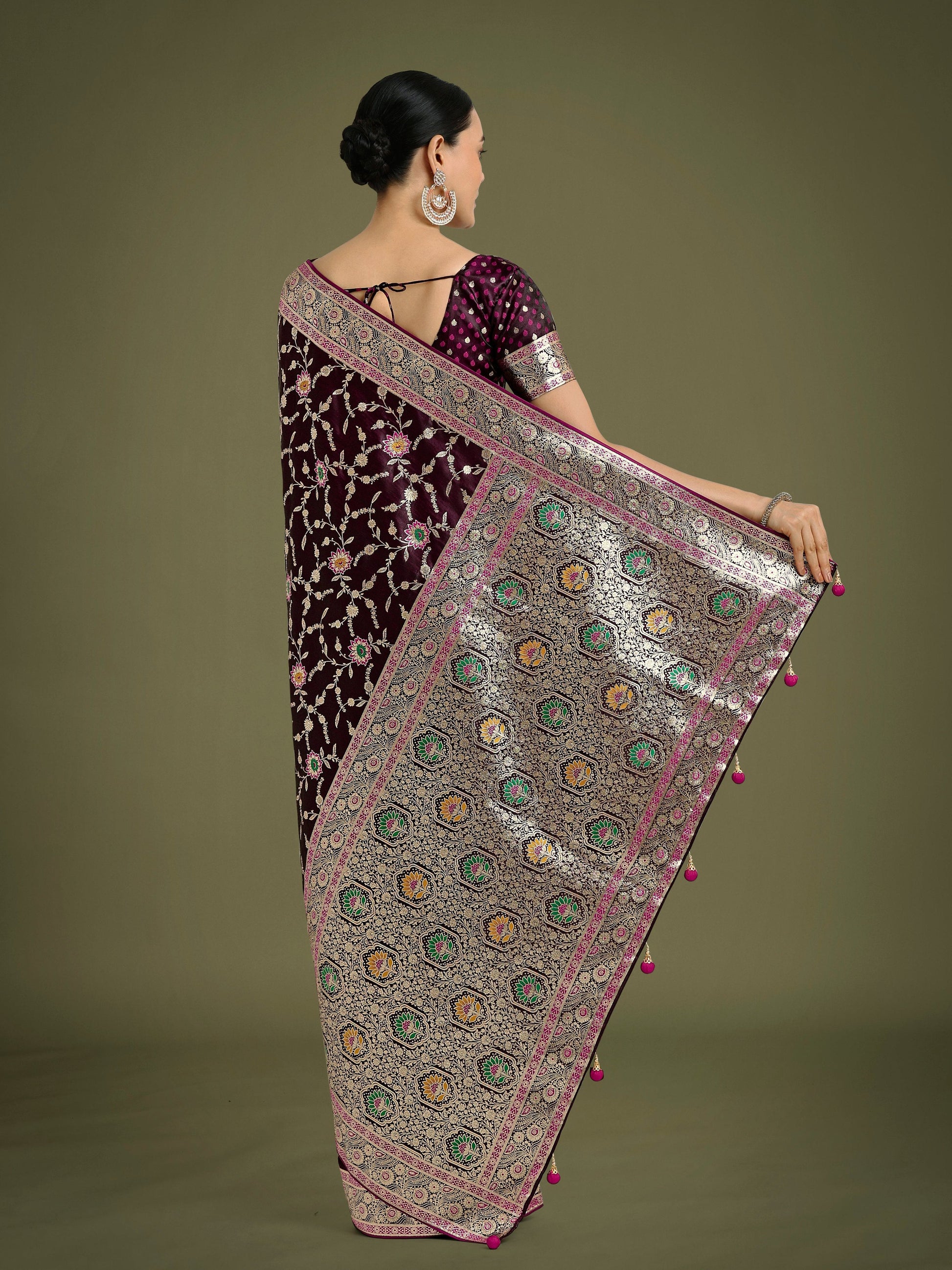 Monjolika Fashion Wine Zari Woven Banarasi Classic Satin Silk Saree | Swadesiicart