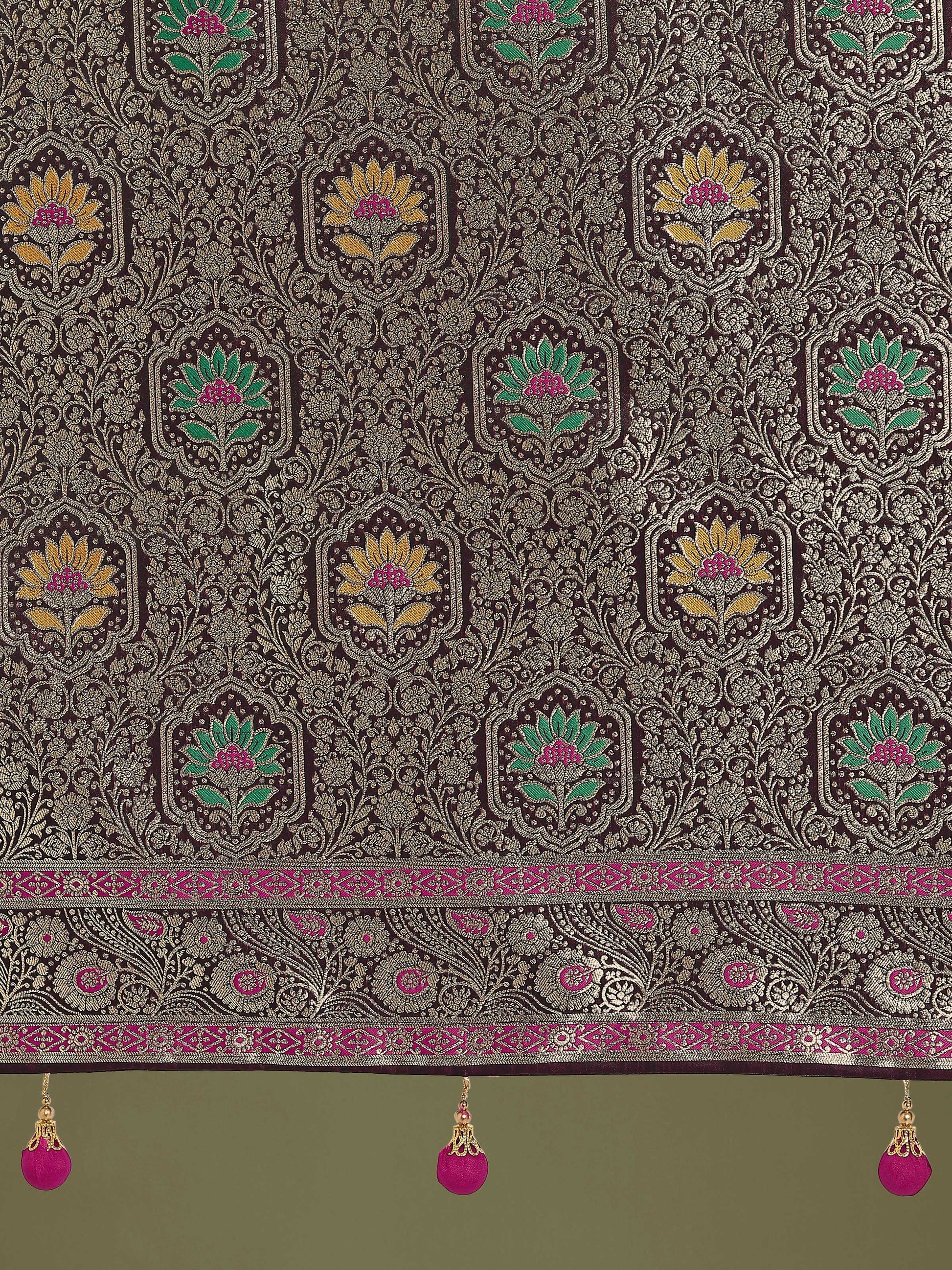 Monjolika Fashion Wine Zari Woven Banarasi Classic Satin Silk Saree | Swadesiicart