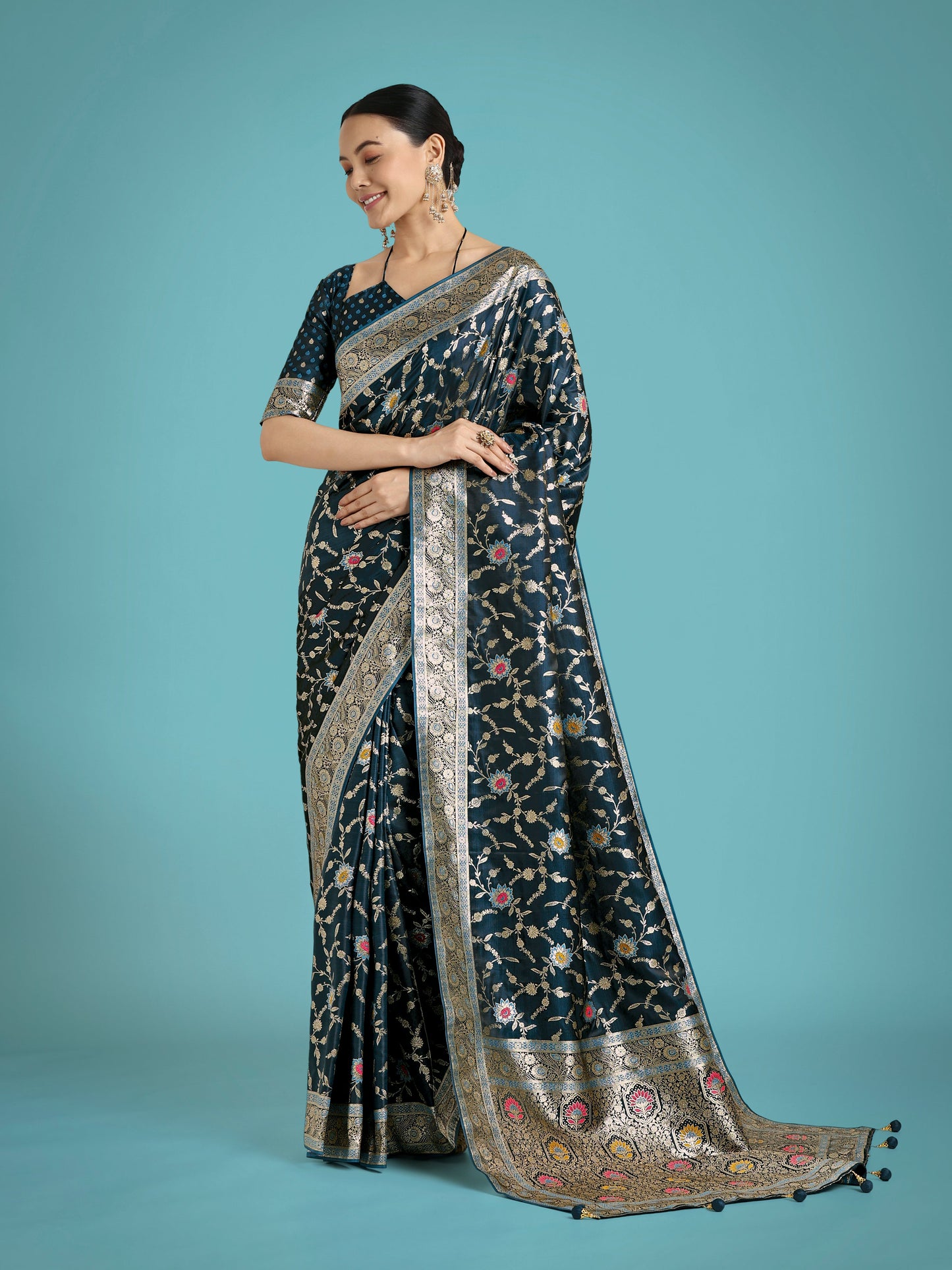Monjolika Fashion Dark Teal Zari Woven Banarasi Classic Satin Silk Saree | Swadesiicart