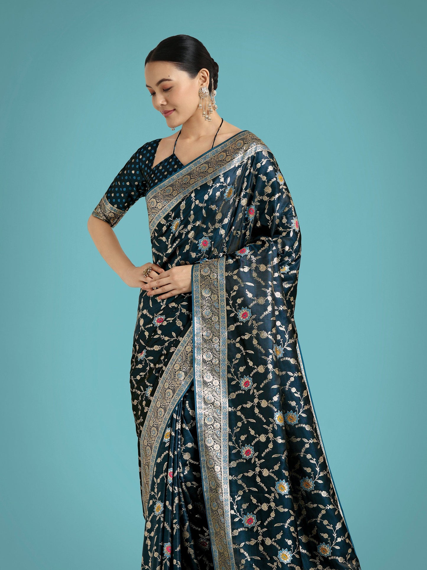 Monjolika Fashion Dark Teal Zari Woven Banarasi Classic Satin Silk Saree | Swadesiicart