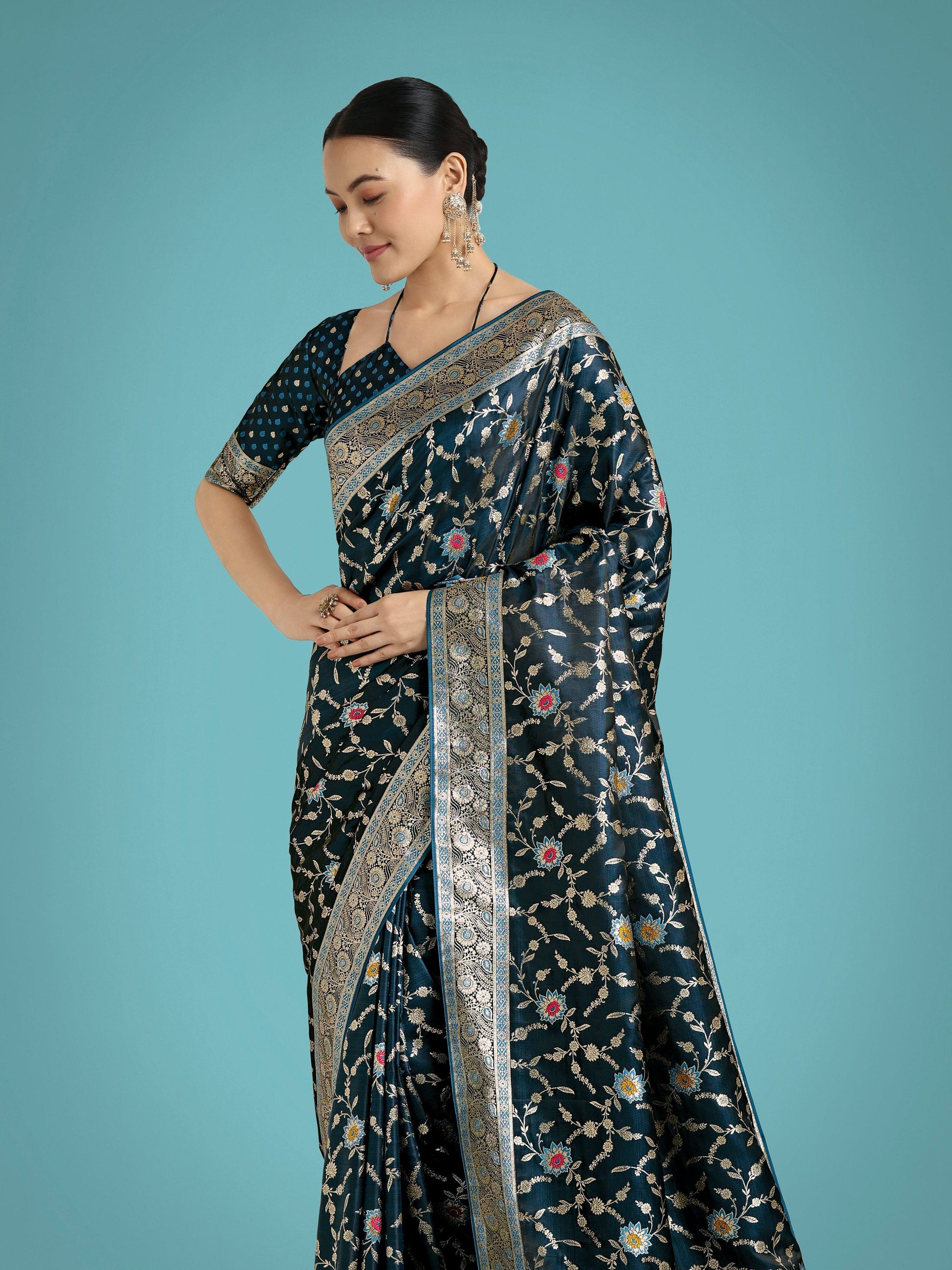 Monjolika Fashion Dark Teal Zari Woven Banarasi Classic Satin Silk Saree | Swadesiicart