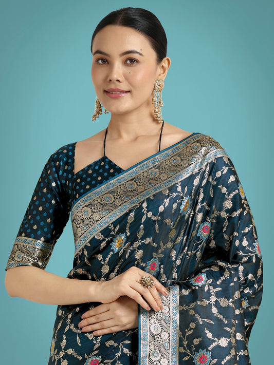 Monjolika Fashion Dark Teal Zari Woven Banarasi Classic Satin Silk Saree | Swadesiicart
