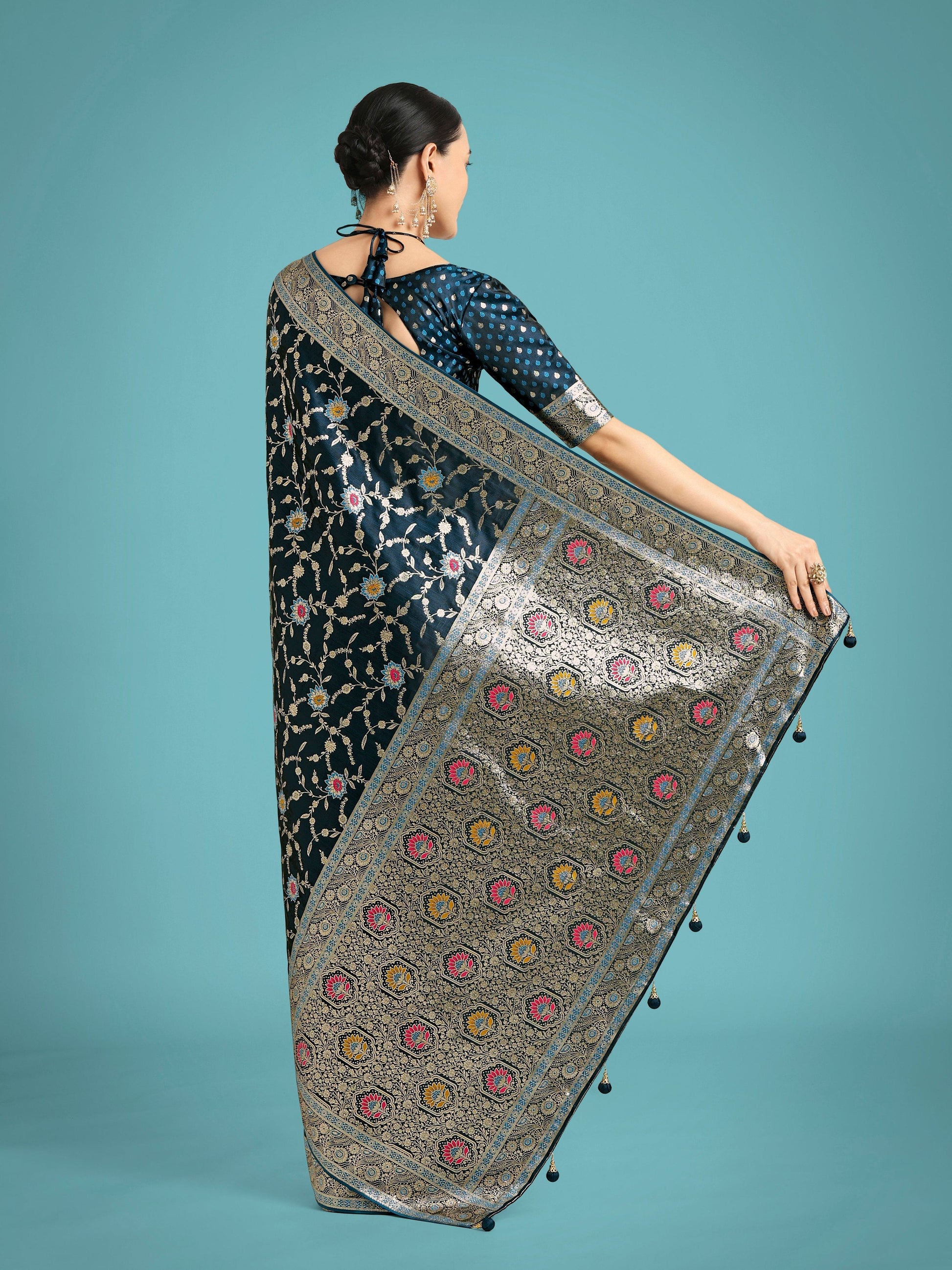 Monjolika Fashion Dark Teal Zari Woven Banarasi Classic Satin Silk Saree | Swadesiicart